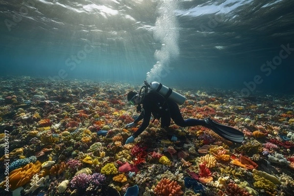 Obraz Diver restoring damaged reef with vibrant coral fragments in sunlight