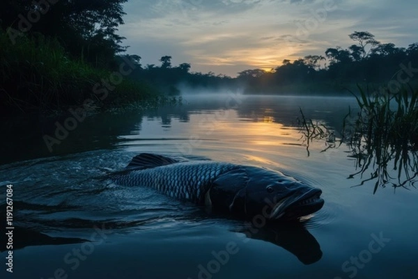 Obraz Serene river scene with Arapaima in soft dawn light