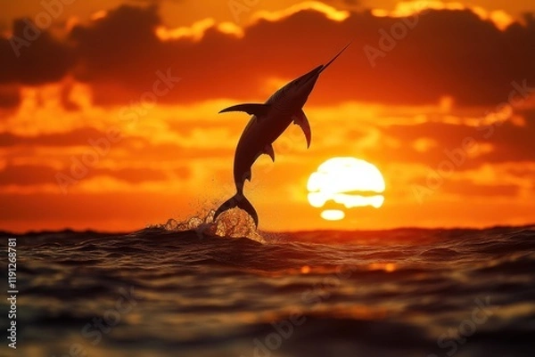 Obraz Swordfish Leaping Out of Ocean at Vibrant Sunset