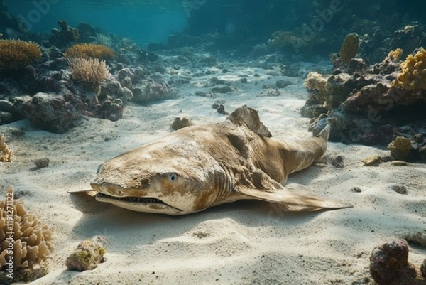 Obraz Detailed wobbegong shark blends in sandy coralladen seabed scenery