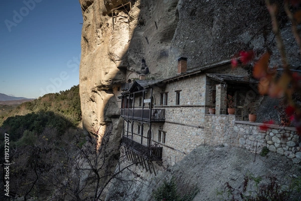 Fototapeta Monastery of St. Anthony carved into the cliffs of Meteora, Greece. A serene symbol of spirituality and ancient architecture