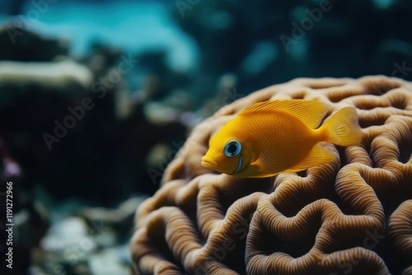 Obraz Yellow tang fish and brain coral in mysterious composition