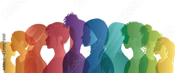 Obraz Communication group of multicultural diversity women and girls - face silhouette profile. Female social network community of diverse culture. Racial equality.Friendship. Colleagues.Rainbow