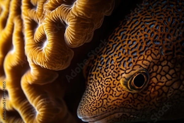 Obraz Detailed macro photography captures boxfish and corals textures with lighting
