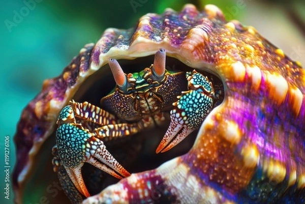 Obraz Hermit crab in colorful shell with vibrant tropical background