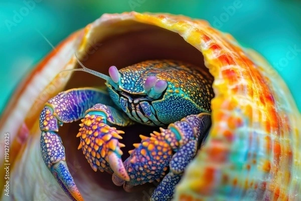 Obraz Hermit crab in colorful shell with vibrant tropical background