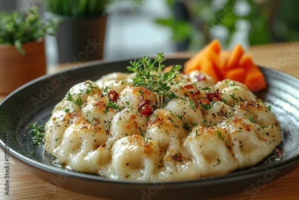 Fototapeta Delicious Plate of Dumplings Garnished with Fresh Herbs and Spices Served with Carrots on a Wooden Table, Perfect for Food Photography or Culinary Blogs