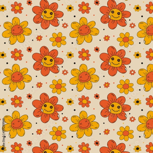 Fototapeta A pattern with flowers in patches and button eyes on a light background in autumn colors.