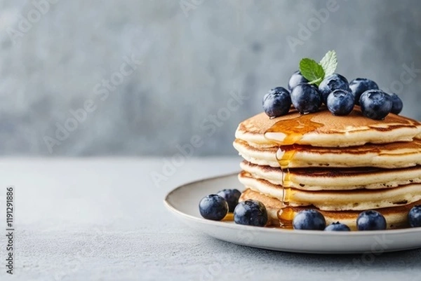 Fototapeta Homemade Pancakes stack with blueberries and honey on a modern ceramic plate. Classic blueberry pancake stack filled with syrup among gray concrete wall background. Sweet breakfast with berry, fruit.