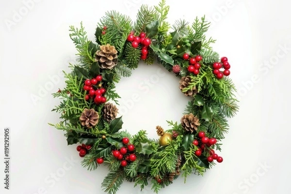 Fototapeta Lush Christmas Wreath Adorned with Greenery, Berries, and Pine Cones