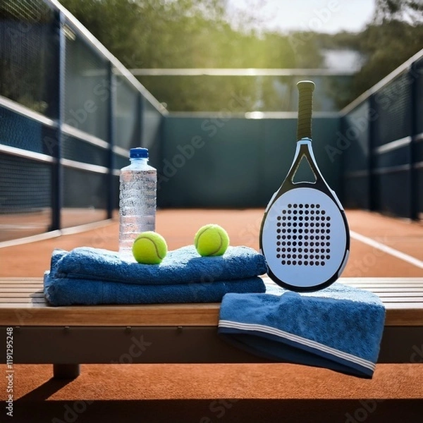Obraz Generated image A neatly arranged padel racket and a set of balls placed on a bench beside the court