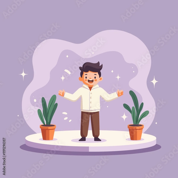 Fototapeta Cheerful actor performing on stage with potted plants, joyful expression