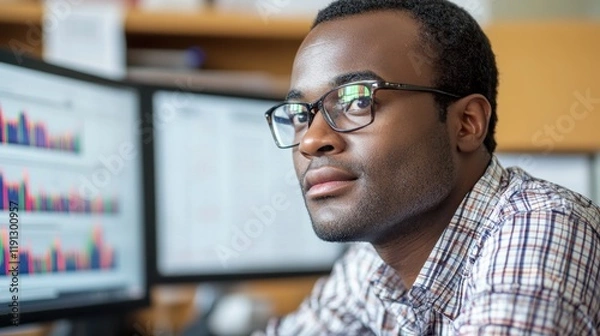 Obraz Thoughtful Financial Analyst Analyzing Data on Computer Screens