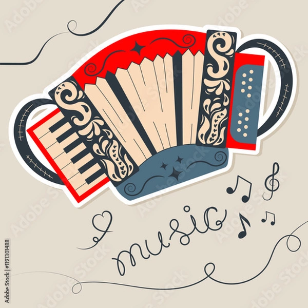 Fototapeta A sticker of a musical instrument accordion in the flat style with the inscription doodle