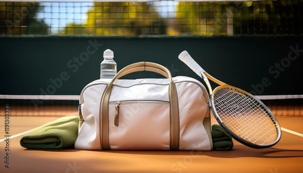 Fototapeta Generated image A photo capturing a trainer helping a child position themselves correctly for a serve