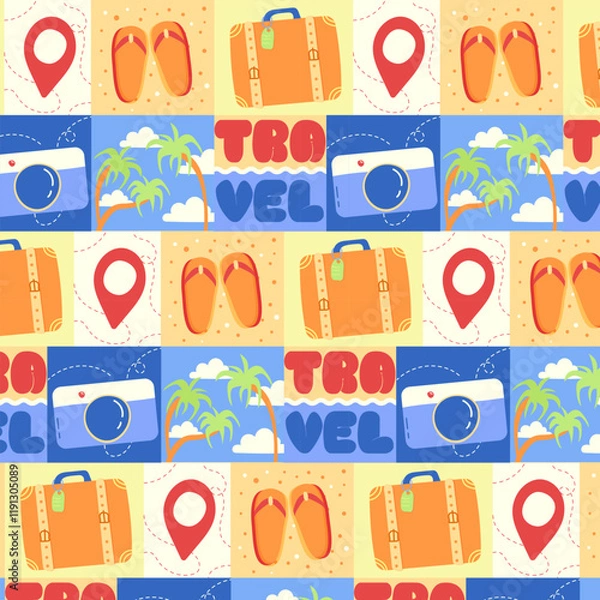 Fototapeta A pattern on the theme of travel and vacations from squares