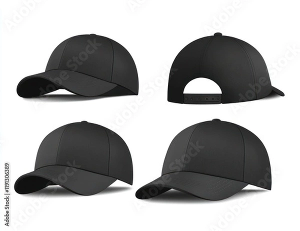 Obraz Black baseball caps mockup, various angles, white background, design template