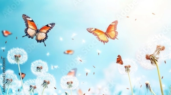 Fototapeta Two butterflies fly over a field of fluffy dandelion seeds against a bright blue sky.