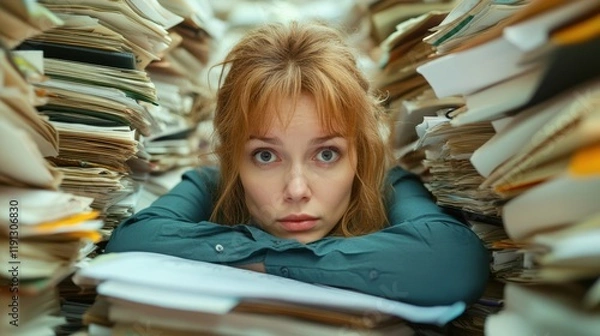 Fototapeta Auditor Surrounded by Piles of Financial Reports in Office Environment