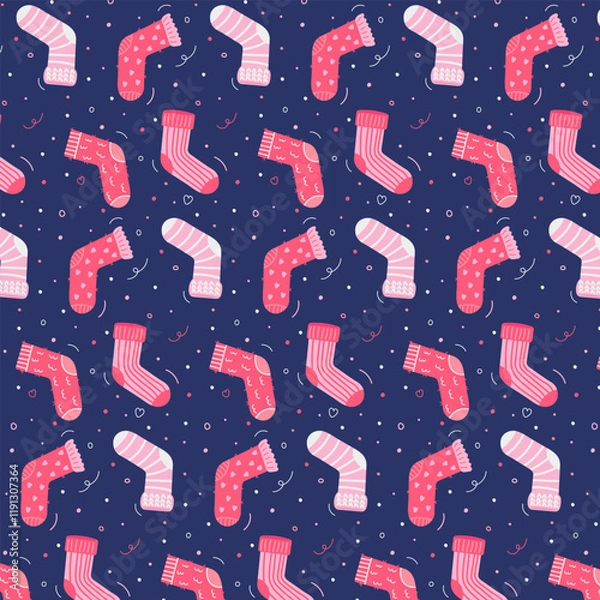 Fototapeta Pattern with socks in pink tones on a dark blue background in doodle style