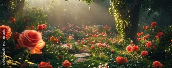 Fototapeta A lush garden bursting with various colored roses during springtime