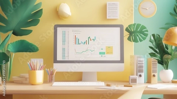 Fototapeta Business finance, modern office with tax filing tools and money charts, 3D illustration