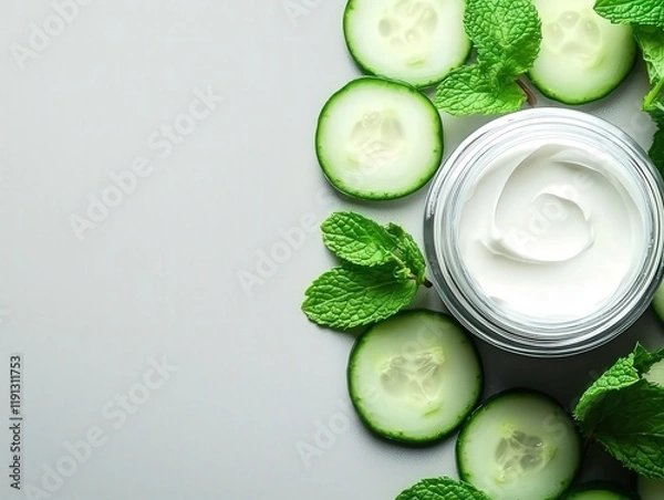Fototapeta A fresh, natural skincare scene featuring a jar of cream surrounded by mint leaves and cucumber slices on a light background.