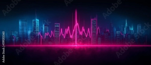 Fototapeta A futuristic city skyline illuminated by vibrant neon colors, showcasing a heartbeat pattern overlay, symbolizing the pulse of urban life and technological advancements.