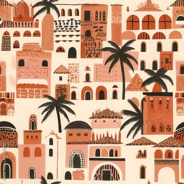Fototapeta Elegant illustration of an Arabic city in soft pastel tones with terracotta and peach hues. Geometric patterns in Matisse style, arches, and palm trees complement adobe walls.