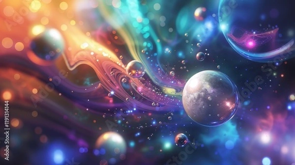Fototapeta Vibrant and colorful cosmic orbits and planets in wide-angle scene