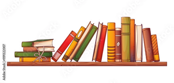 Fototapeta Vector illustration of bookshelf composition. Colorful standing books, stack of books with rope isolated on white background. Book lover, bookstore, library concept.
