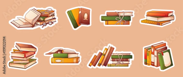 Fototapeta Collection of vector illustration of colorful stickers of books, stack of books, standing books. Book lover, bookstore, library, reading concept.