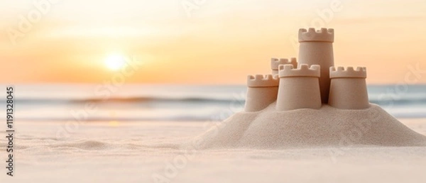 Fototapeta A stunning sunset casts a golden hue over a meticulously crafted sandcastle on the beach. This serene moment captures the joy of summer fun and creativity by the ocean.
