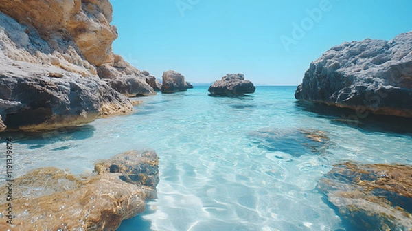 Obraz A photo of the clear waters of Balos Lagoon in Crete, with soft white sands and rocky islands forming a picturesque landscape, during a bright summer day