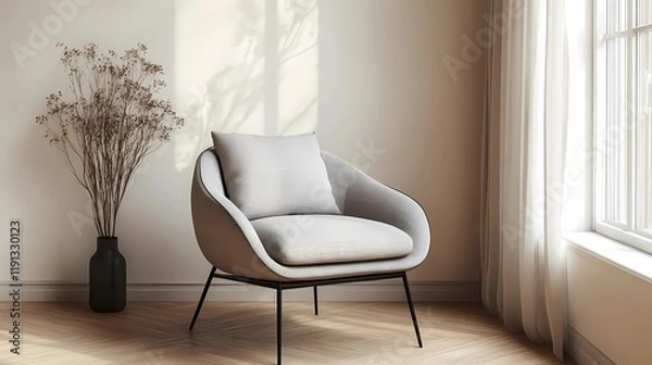 Fototapeta Modern armchair placed near a plain wall in a spacious empty room, minimalistic design, soft lighting, clean and elegant style book illustration