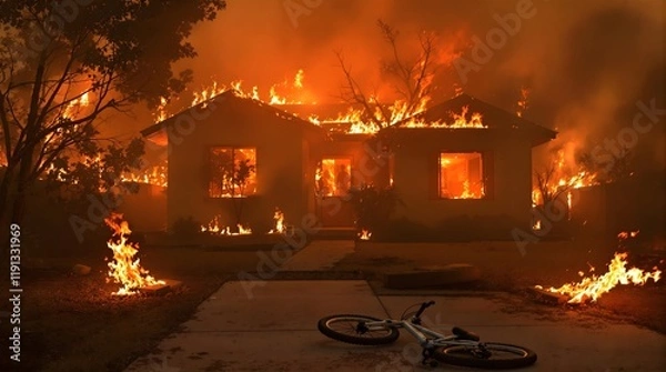 Obraz House Engulfed in Flames with Abandoned Bike After Wildfire