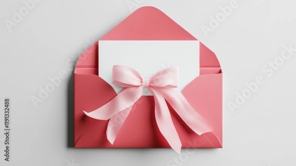 Fototapeta blank white gift card or gift voucher with a soft pink ribbon bow, placed inside an open red envelope