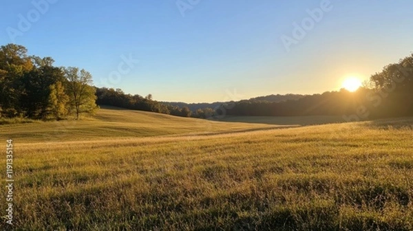 Fototapeta Golden hour sunset over a vast, rolling meadow with trees on the horizon.