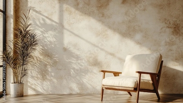Fototapeta Contemporary armchair in an empty room with a plain wall, minimal shadows, soft neutral tones, serene and simple setting, style book illustration