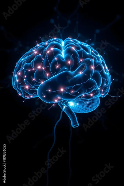 Obraz A digital illustration of a glowing brain with neural connections and electric sparks, symbolizing artificial intelligence and neural networks.