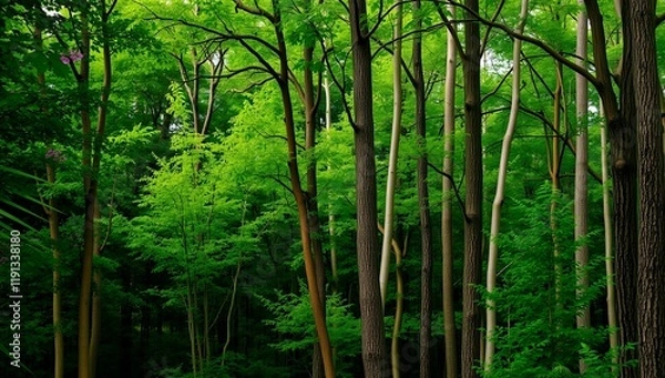 Fototapeta Tomada completa de uma floresta densa. 
Árvores altas e esbeltas com troncos cinza-branco-claros e marrom-escuros/cinzas são densamente compactadas, preenchendo todo o quadro. Os troncos variam em som