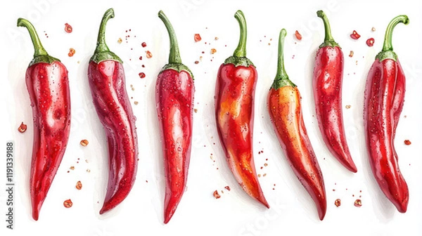 Fototapeta Bright red chili peppers arranged artfully on a white background in high resolution showcasing their vibrant color and texture