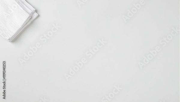 Fototapeta Top view of pale gray ceramic countertop with stack of folded white kitchen towels perfect for meal prep