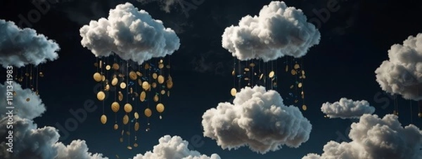 Obraz 3D-rendered cloud with rotating coins and dollar signs, visualizing cost savings in cloud computing