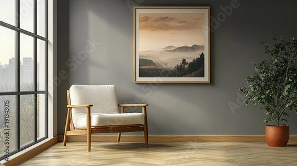 Fototapeta Stylish modern armchair placed near a soft-colored wall in a bright, empty space, clean lines, minimal details, style book illustration