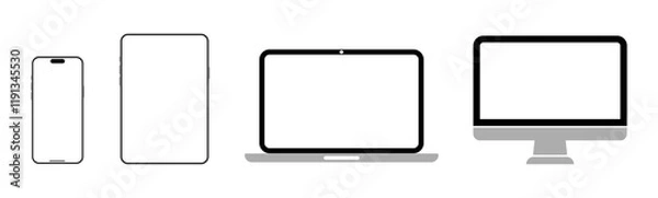 Fototapeta Set of monitor, laptop, tablet, and smartphone for design presentations and UI mockups. Stock vector illustration.