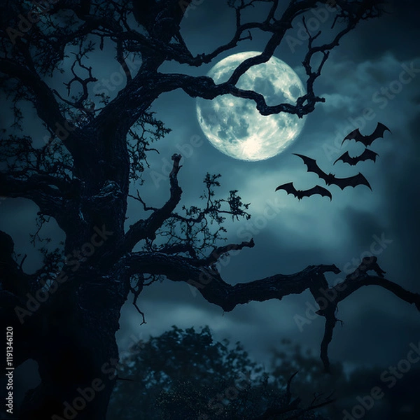 Fototapeta Spooky Halloween night scene with a full moon, silhouetted tree, and bats in flight.