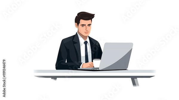 Fototapeta a businessman sitting at a desk with a laptop, wearing a suit, focused on work	