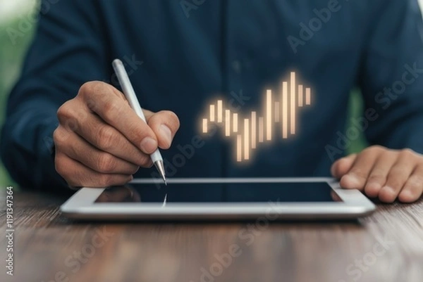 Fototapeta A person uses a stylus on a tablet, illustrating data analysis with a growing graph overlay, symbolizing technology and business growth.