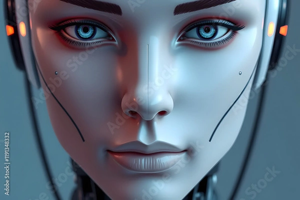 Obraz Close-up of a futuristic humanoid robot face with glowing eyes, showcasing intricate mechanical details and a sleek design.